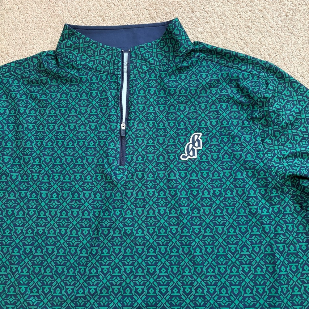 Good Good Golf ‘Mountain’ Q Zip Pullover Sweater Green Blue Patter Sz Large